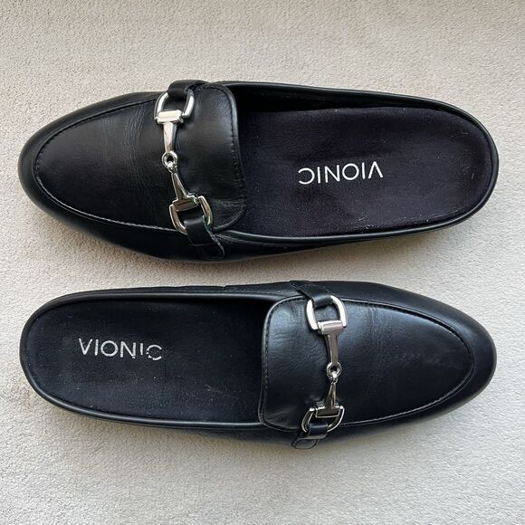 Vionic Adeline Black Leather Comfort Slip On Mule Shoes Women 7 Preppy Academia - Picture 1 of 13